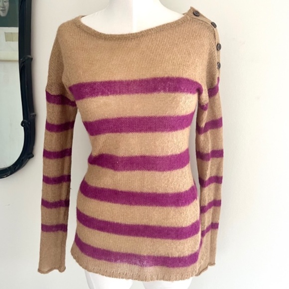 Ann Taylor LOFT Tan w/ Magenta Stripes Mohair Blend Crew Neck Sweater - Picture 1 of 5